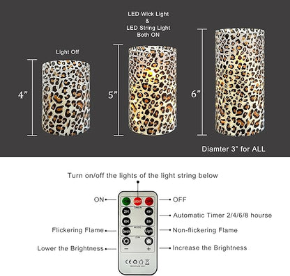 Flickering Flameless Candles Leopard Print Embedded Star String Lights, Battery Operated Acrylic LED Pillar Candles with 11-Key Remote and Timer for Home Decoration, 3 Pack