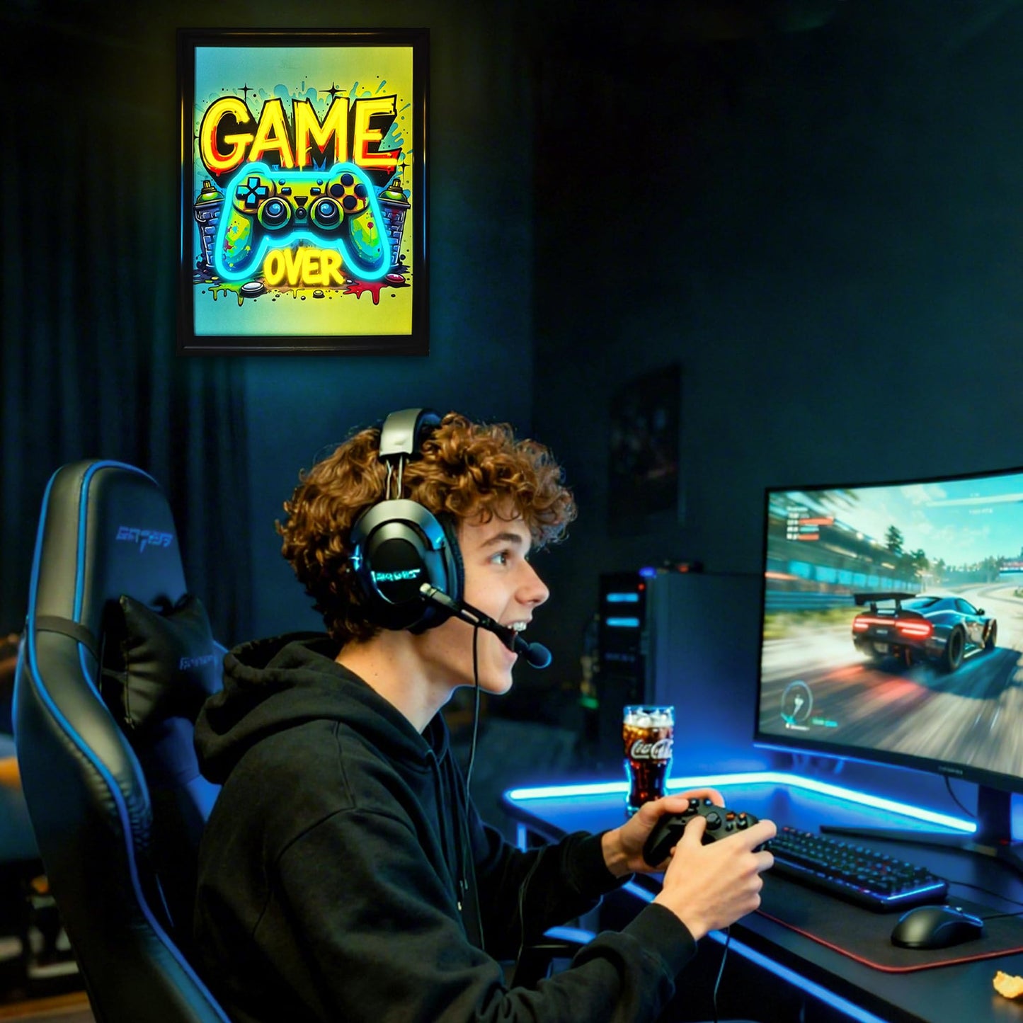 Gamer Neon Sign, Cool Gaming Wall Art Gamepad Shaped Dimmable Watercolor Posters Pictures Colorful Canvas Painting Prints Hang Neon for Wall, Bedroom, Game Room, Man Cave, Boys Birthday Christmas Gift (Gamer 1)