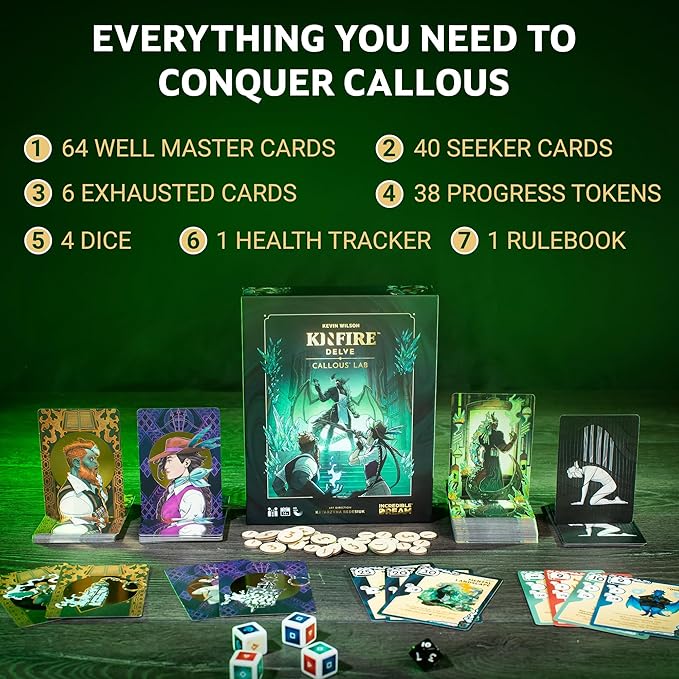 Kinfire Delve: Callous’ Lab – Tactical Solo or 2-Player Card &amp Dice Game Puzzle-Focused Adventure with Replayable Depths Ages 14+ 60+ Min Gameplay (Part of the Kinfire Universe: 5 Standalone Ga