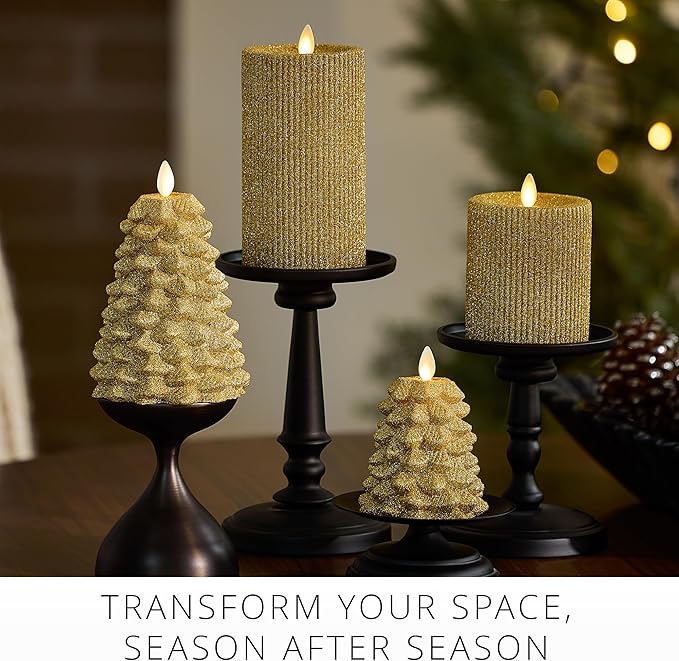 Luminara Rich Gold Glitter Ribbed Flameless LED Candle Moving Flame Pillar, Real Wax, Flat Top, Timer (3.25" x 6.5")