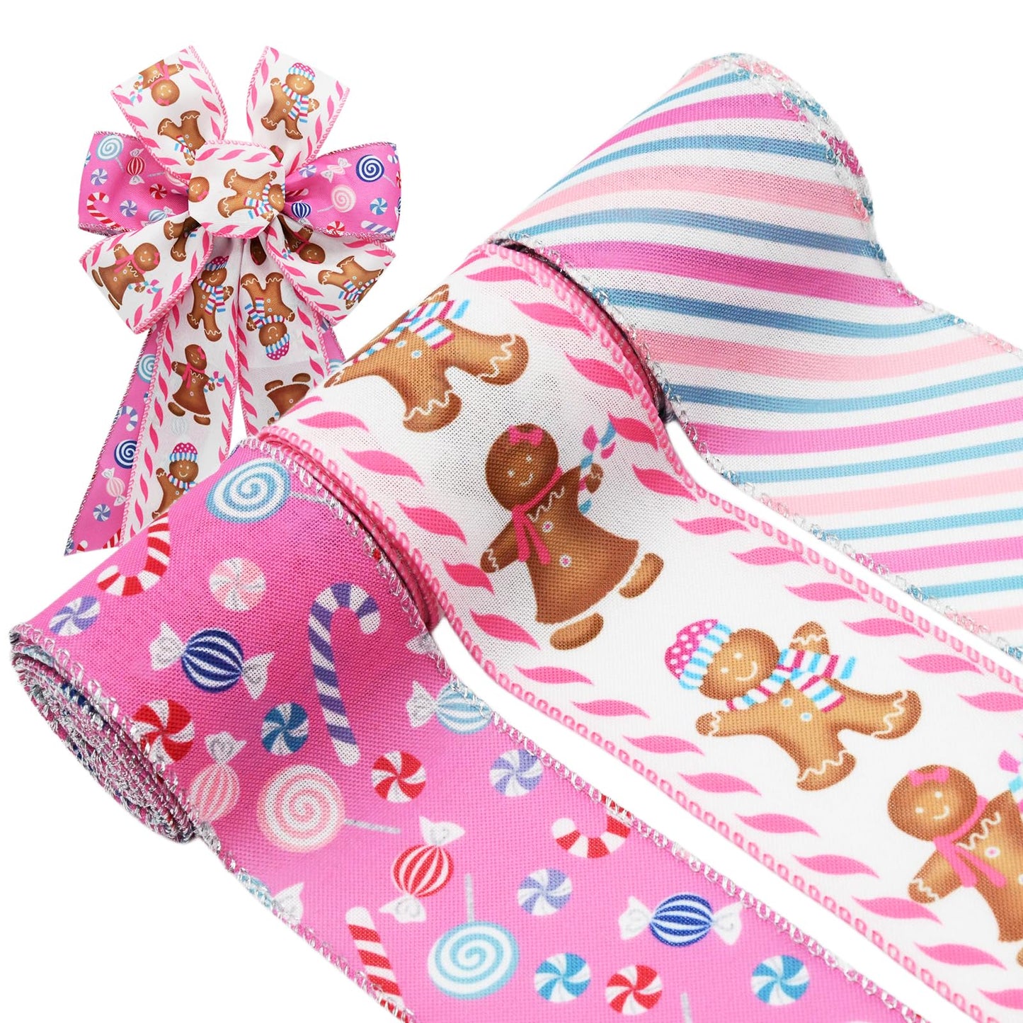 CRAFLOX Pastel Christmas Gingerbread Wired Ribbon for Wreath Bows, 3 Rolls, 2.5″ Wide, 15 Yards Total, Pastel Pink Candy Striped Wired Edge Ribbon for Crafts Supplies, DIY Bows