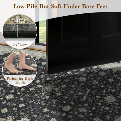 LBRO2M Black Washable Rugs 8X10 for Living Room Bedroom Office Farmhouse Non Slip Vintage Area Rugs Easy Clean, Stain Resistant Carpet Low Piles Great for Pets and Family (8'X10' Charcoal Black)