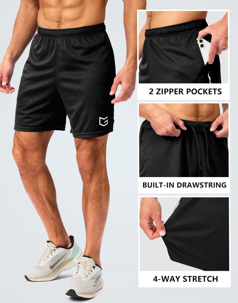 G Gradual Men's Gym Shorts 5"/7"/10" with Zipper Pockets Basketball Athletic Mesh Quick Dry Shorts for Workout Running Tennis (7 inch, Black, Medium)