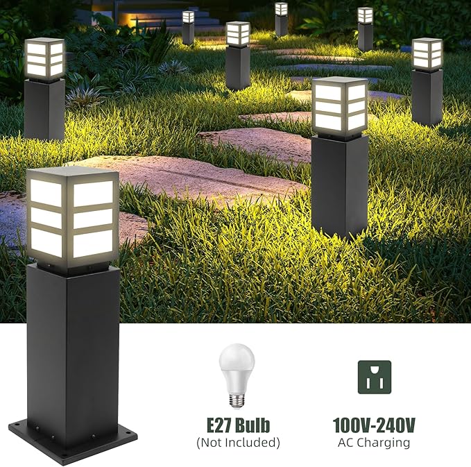 2Pack Landscape Path Lights 24" IP65 Waterproof Bollard Lights, Heavy Duty Steel Stable Widened Base E27 Lamp Holder, Modern Outdoor Path Lights Bollard for Lawn, Patio, Courtyard, Driveway, Oblong