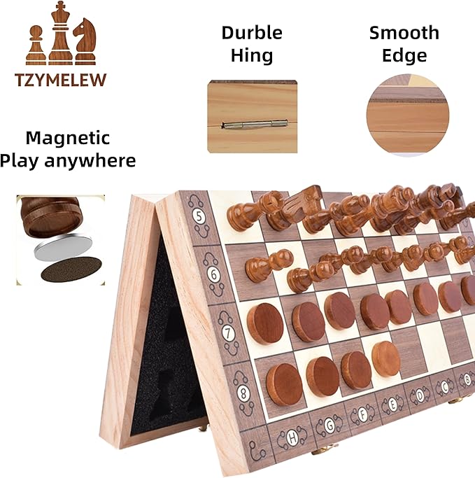 15 Inch Wooden Magnetic Chess Set with Folding Board &amp Storage – Includes Checkers Fun Strategy Game for Kids and Adults Great for Family Game Night