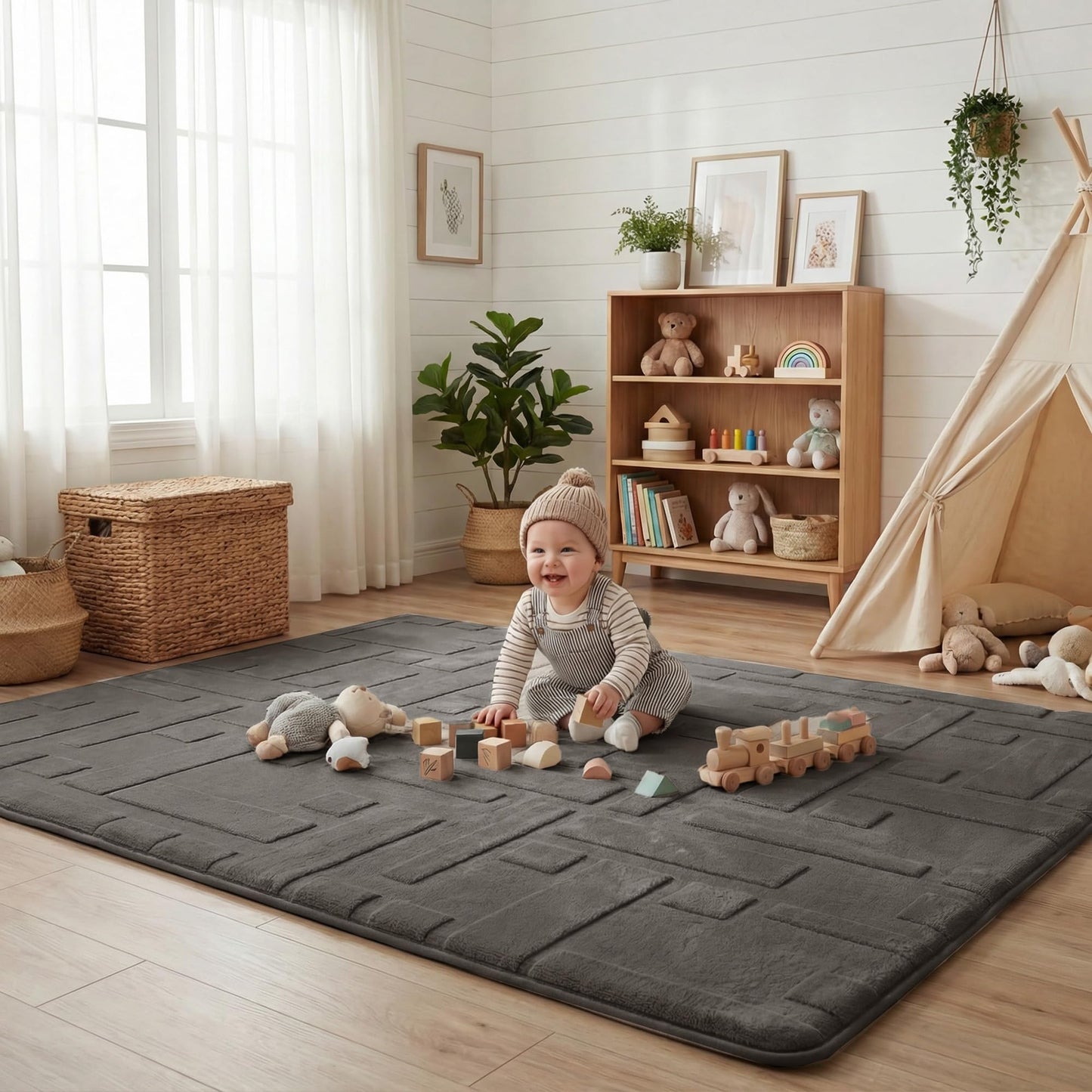 PaPaMat Baby Play Mat for Floor, 1.3" Thick 59x79 Plush Soft Foam Mats for Toddler Kids Crawling, Non-Slip Easy Care Nursery Rug for Playroom Living Room (Dark Grey)
