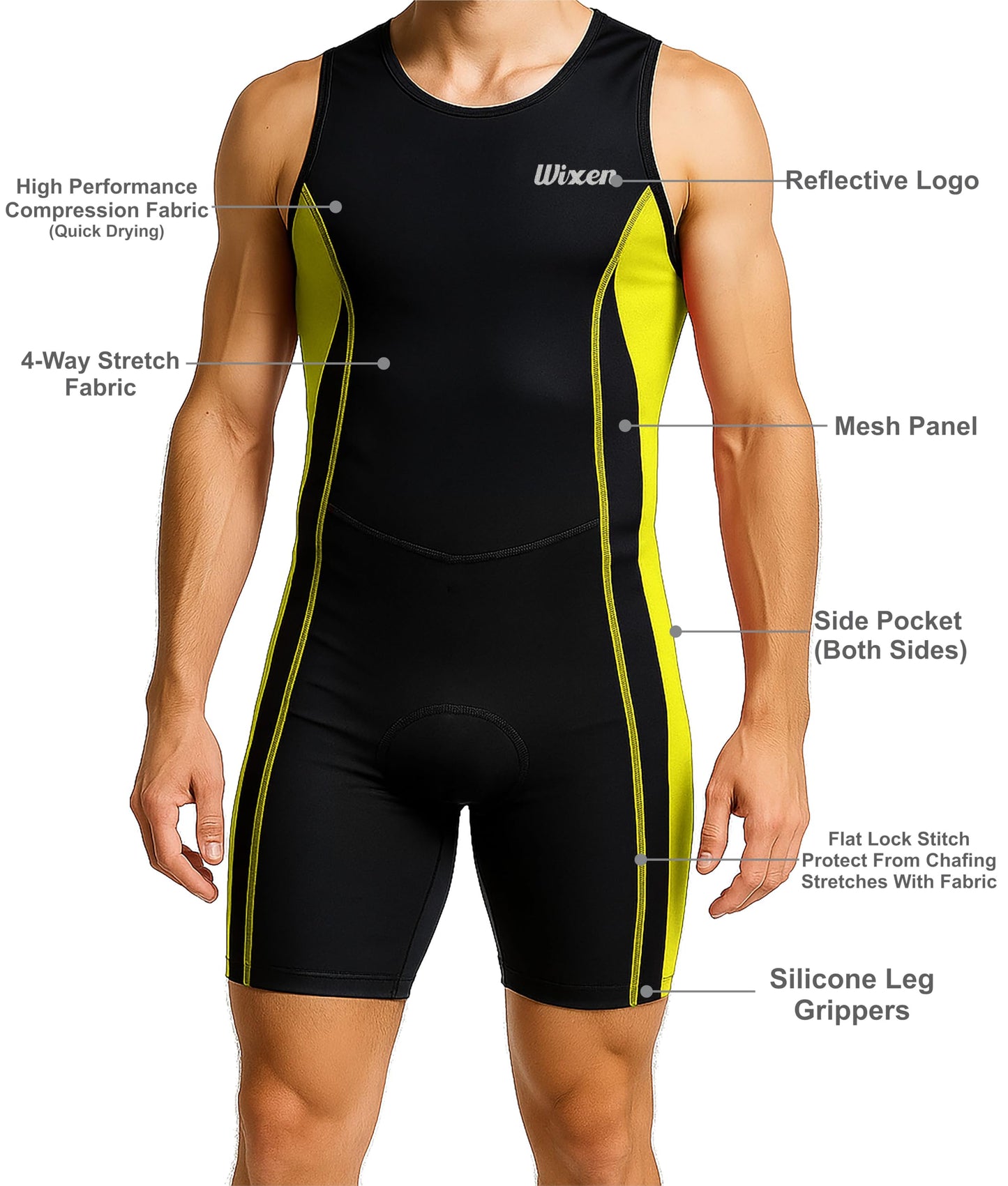 Wixen Men’s Triathlon Suit – Padded One-Piece Sleeveless Trisuit with Rear Zipper for Running, Swimming, Cycling – Neon Green-L