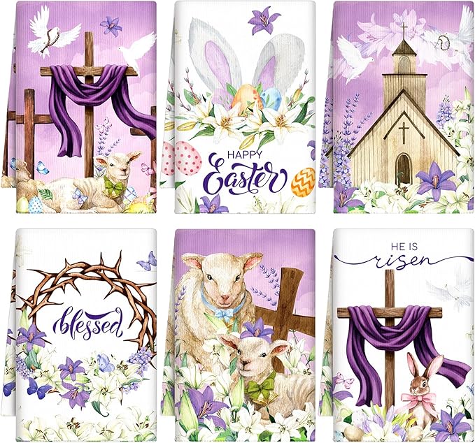 Breling Set of 6 Happy Easter Kitchen Towels Religious Dish Towel Bathroom