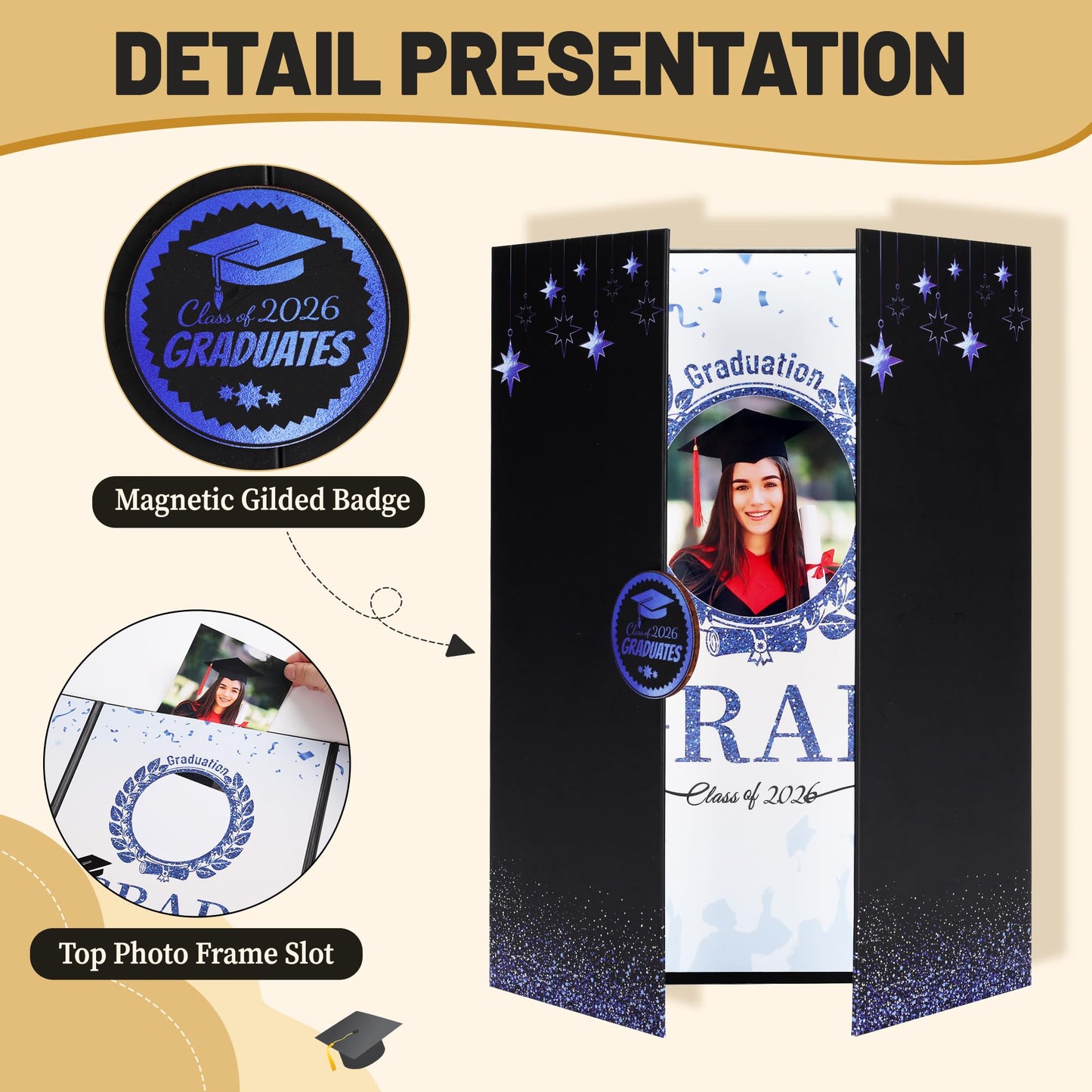 Forwe Graduation Guest Book 2026, Graduation Signature Board Sign in Book with Picture Frame for 4x6 Photo, Class of 2026 Graduation Party Decorations (Black&Blue)