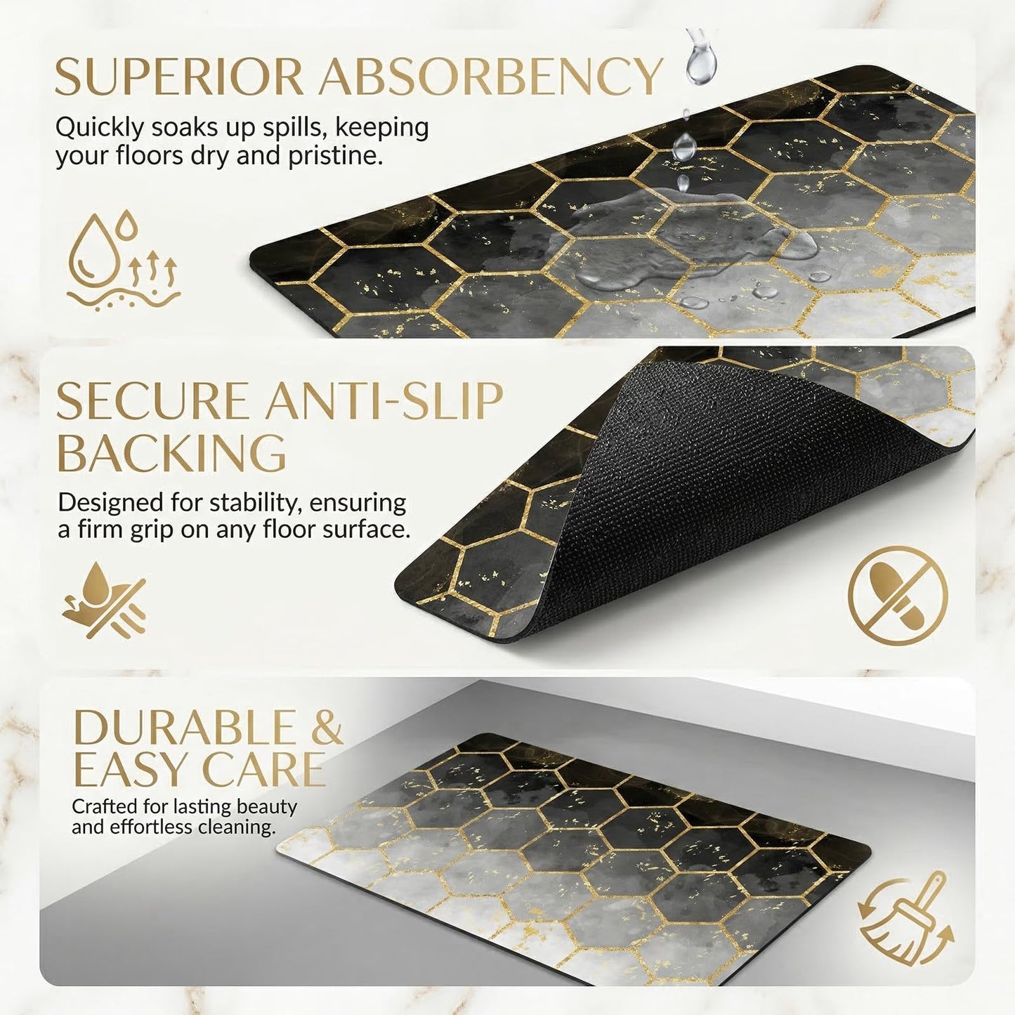 3-Piece Kitchen Rugs and Mats Set, Cushioned No-Slip Resistant Kitchen Mats for Floor, Luxury Gold Hexagon Geometric Comfort Floor Mats, Black Washable Runner Rug for Kitchen Sink, Laundry, Office