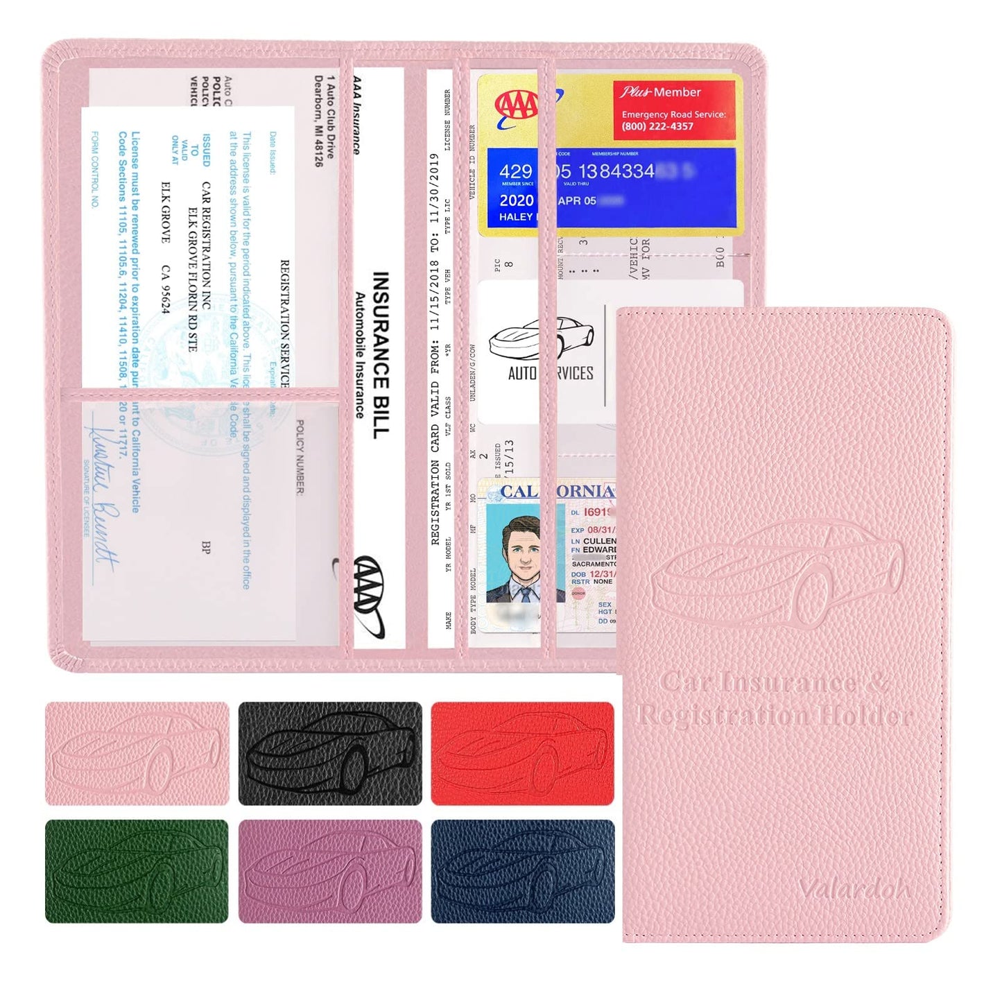 Valardoh Premium Car Registration and Insurance Card Holder, Car Document Holder for Cards, Driver License & other Essential Documents (Pink)