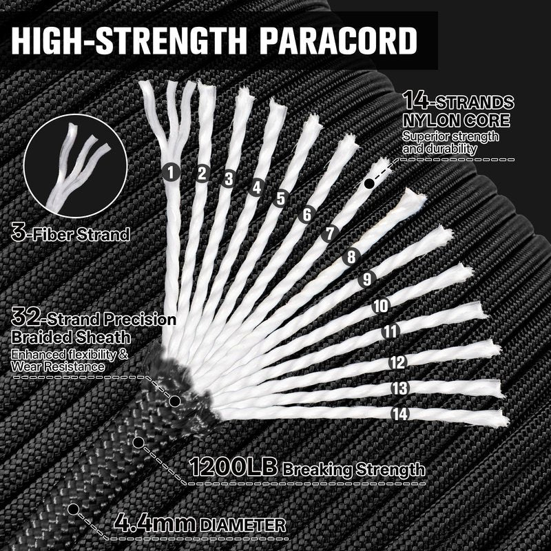 HOKINETY 1200 Paracord Rope - 4.4mm 14 Strand Nylon Parachute Spool para Cord Lanyard for Outdoor Camping Survival Utility Tent Crafting DIY Projects Fishing Clothsline Bracelet - Black 300FT
