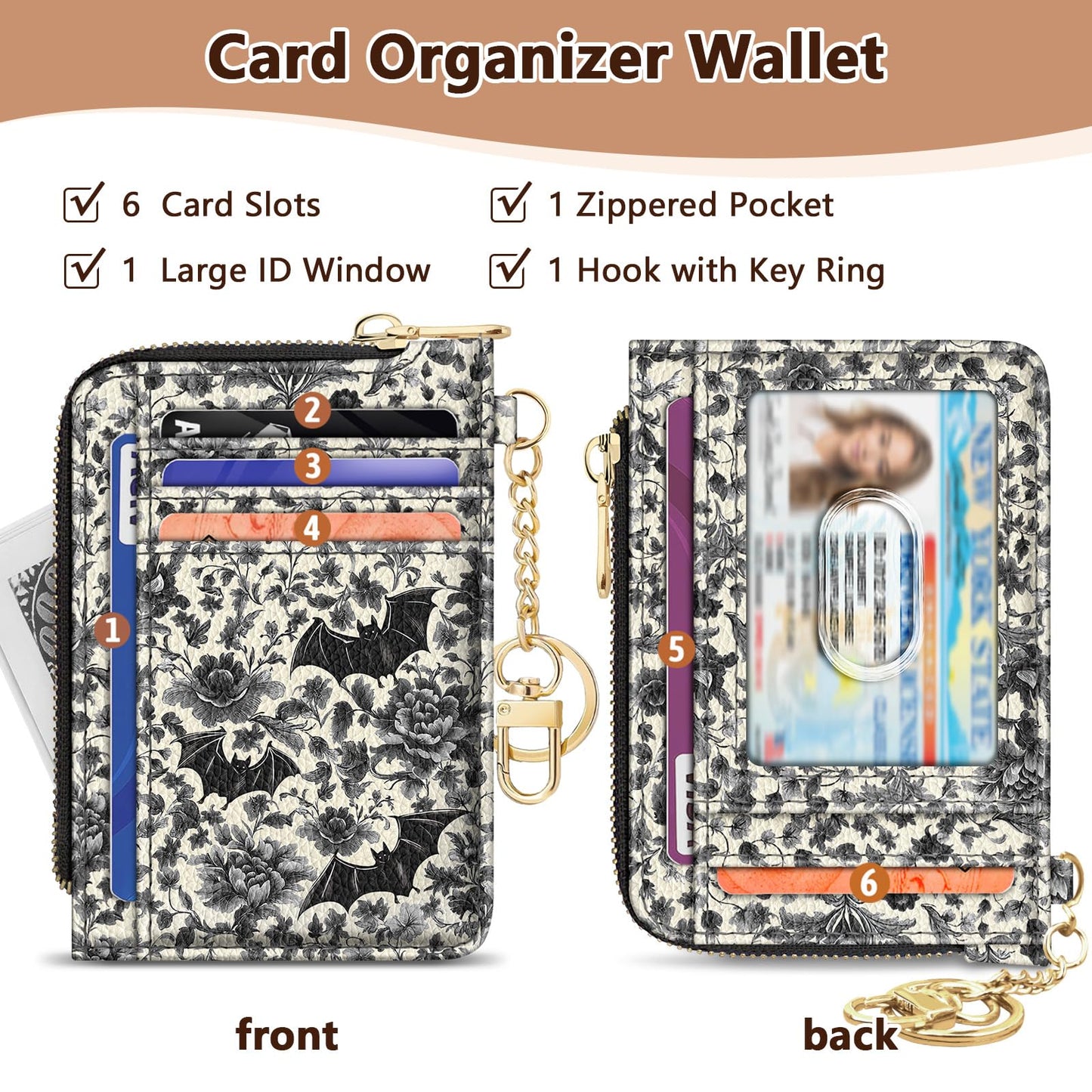 GIANCOMICS Slim Wallet Credit Card Holder Women, Goth Bat Rfid Blocking Small Card Case, Keychain Thin Pocket Curved Zipper Wallet, Travel Card Holder PU Leather ID Window, Ladies Female Gifts
