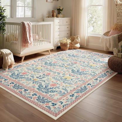 Joydeco Machine Washable Light Pink 5x7 Area Rugs for Bedroom Girls Playroom, Boho Floral Kids Room Nursery Rug Non Slip, Soft Indoor Floor Carpet for Dorm Living Room Classroom