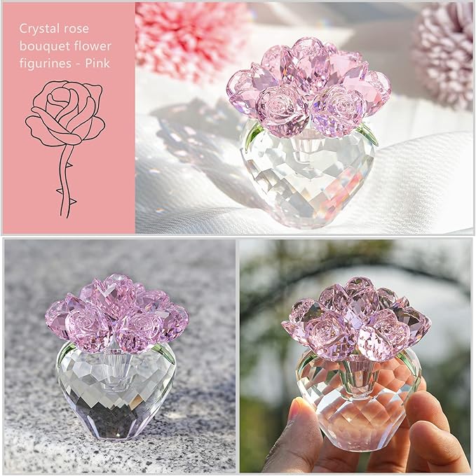 LONGWIN Crystal Rose Flower Figurines Collectible Glass Spring Bouquet with Vase Home Decor Romantic Gifts for Women Pink