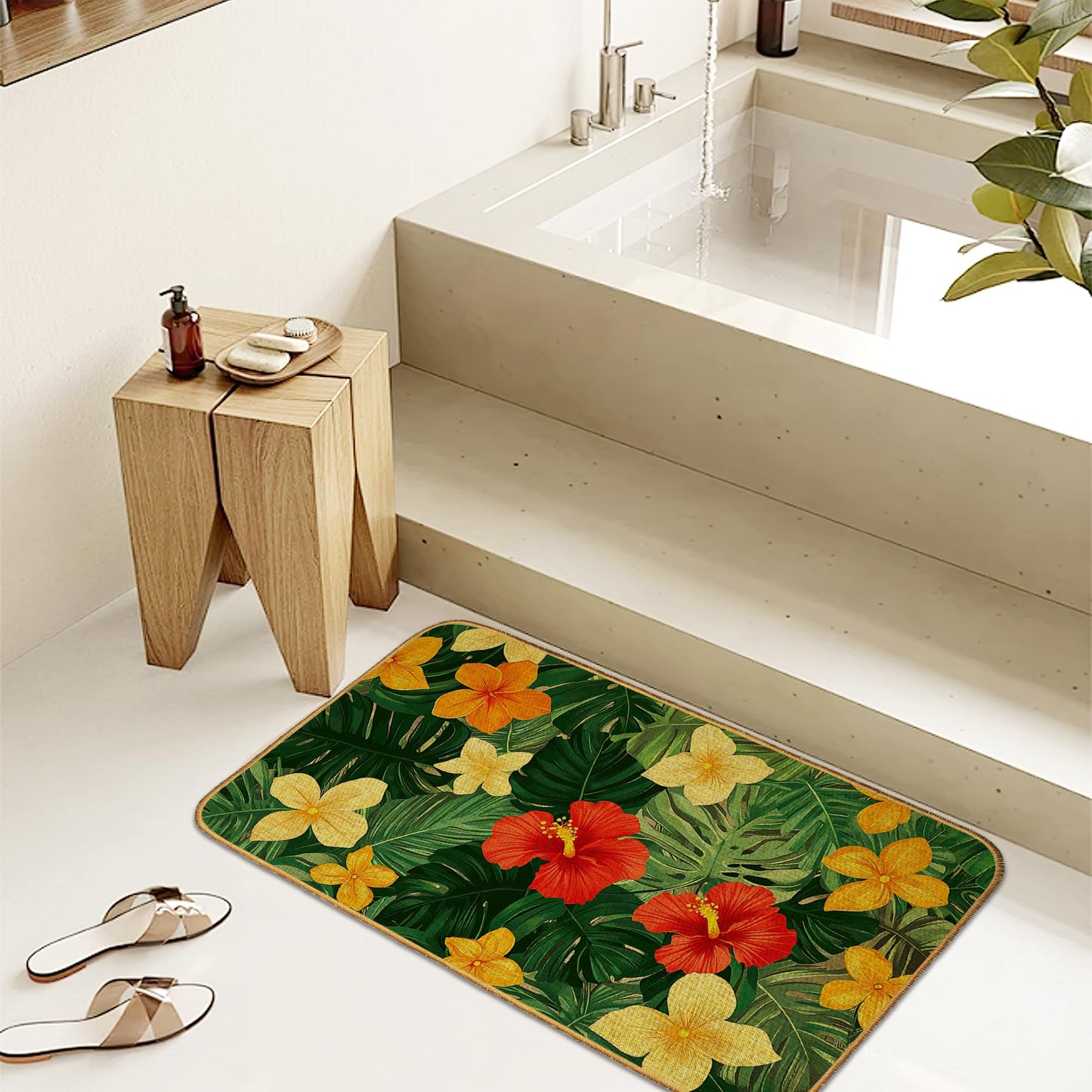 Tropical Palm Leaves Indoor Outdoor Door Mat,Hibiscus Flower Front Floor Mat Non-Slip Absorbent Low-Profile Washable Inside Entrance,Linen Sturdy Soft Entry Doormat for Entryway