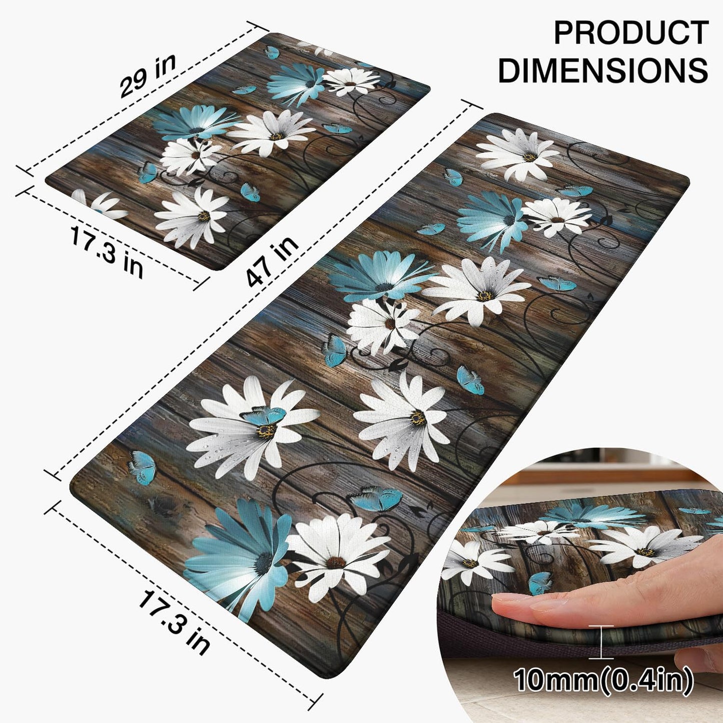 Anti Fatigue Farmhouse Kitchen Rugs Set of 2,Daisy Floral Kitchen Mats For Floor,Rustic Kitchen Decor, Anti-slip and Anti-Fatigue Foam Standing Mat,17x30 inch Sink Mat+17x47 inch Runner Rug Gray