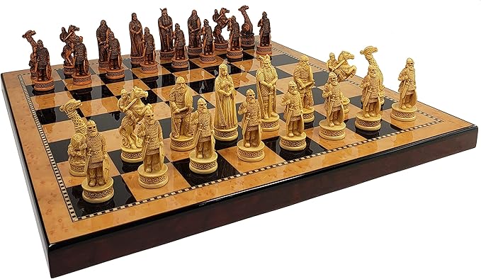 Antique Ivory &amp Brown Norse Viking Chess Set with 18 inch Walnut Color Board