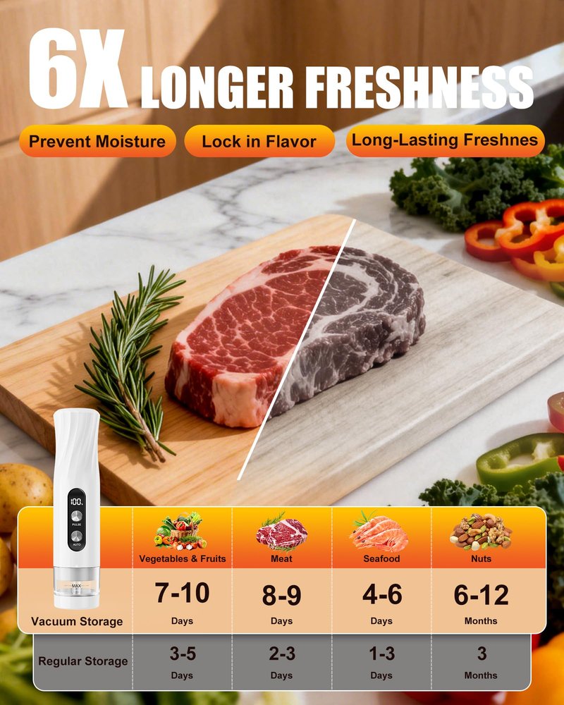RIWUSI Portable Vacuum Sealer for Food with Visible Water Tank, 60kPa Powerful Handheld Vacuum Sealer Machine, One-Touch Auto Seal & Pulse Mode for Delicate Foods, Includes 20 Reusable Bags
