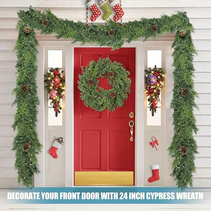 Artgar 24 Inch Christmas Cypress Wreath, Christmas Wreath for Front Door, Real Touch Pine Wreath Artificial Green Cedar Wreaths with Pine Cones for Wall Window Porch Indoor Outdoor Winter Decor