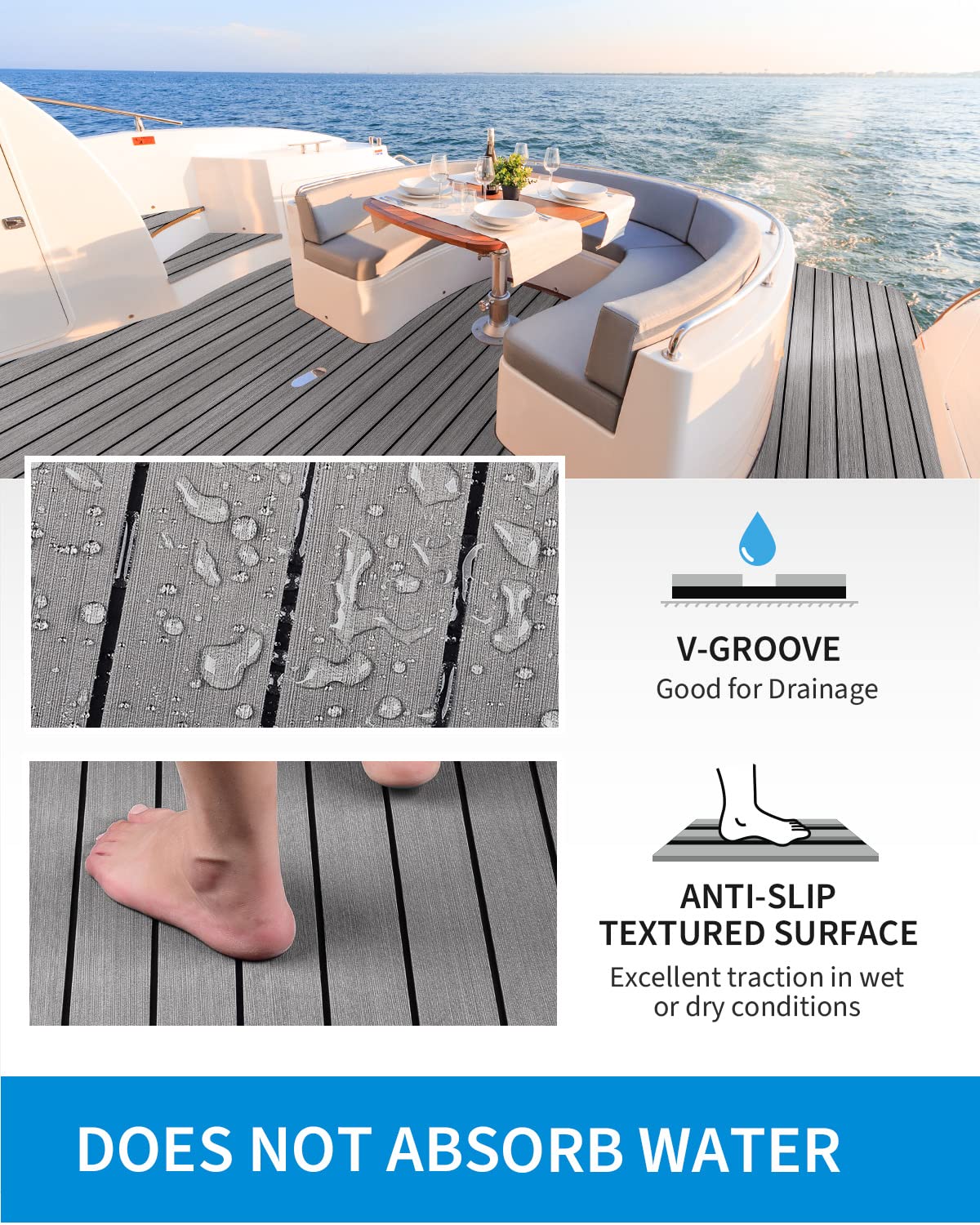 OCEANBROAD Self-Adhesive 48''x16.8'' Boat Flooring with 3M Adhesive Backing EVA Foam Boat Decking Faux Teak Marine Non-Slip Sheet for Jon Motor Boats Yacht Helm Pad Floor, Gray with Black Seam Lines