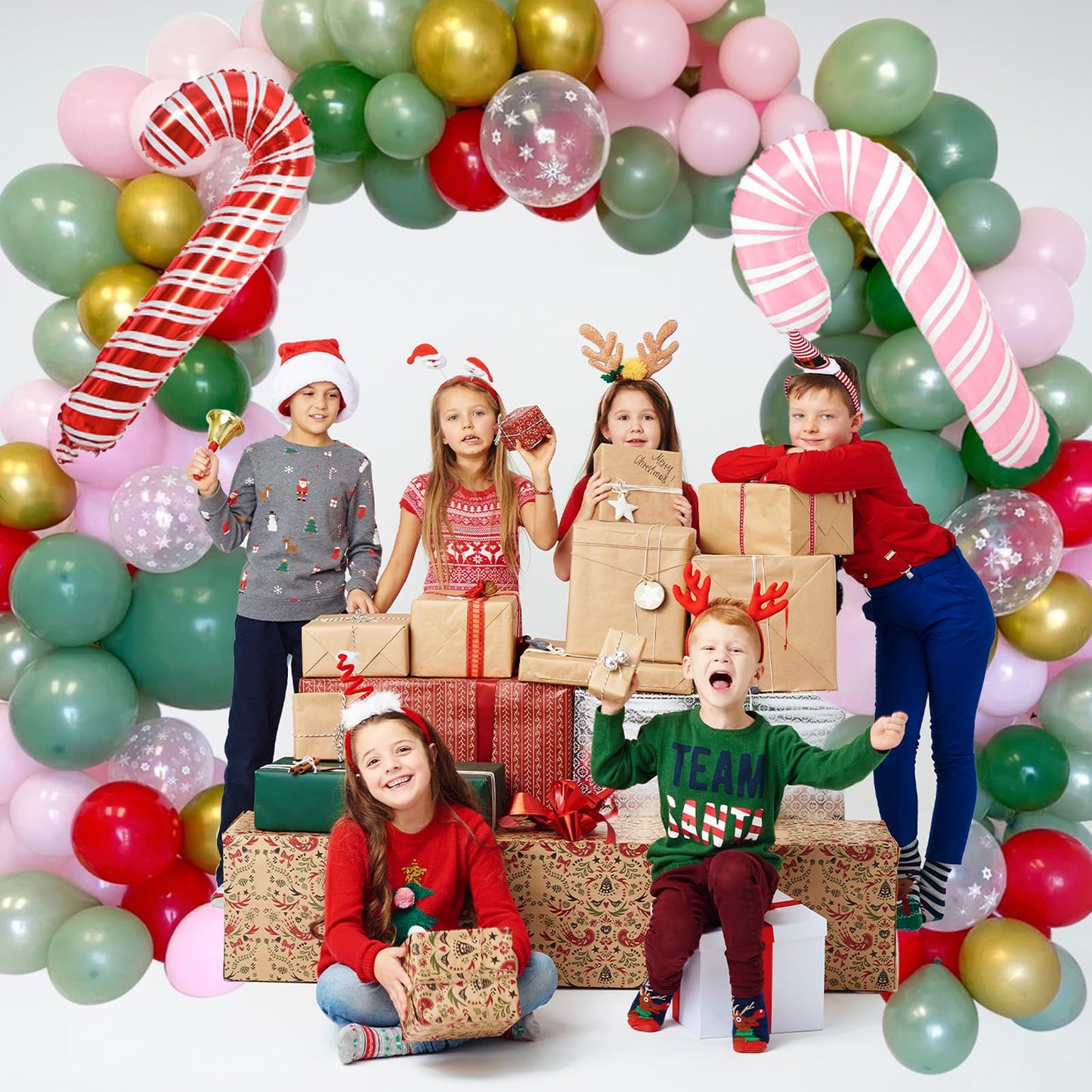 Christmas Balloon Garland Arch kit for Girls, Dark Sage Green Pink Red Gold Snowflake Xmas Balloon Arch with Red Pink Candy Cane Foil Balloons Set for Women New Year Holiday Birthday Party Decorations