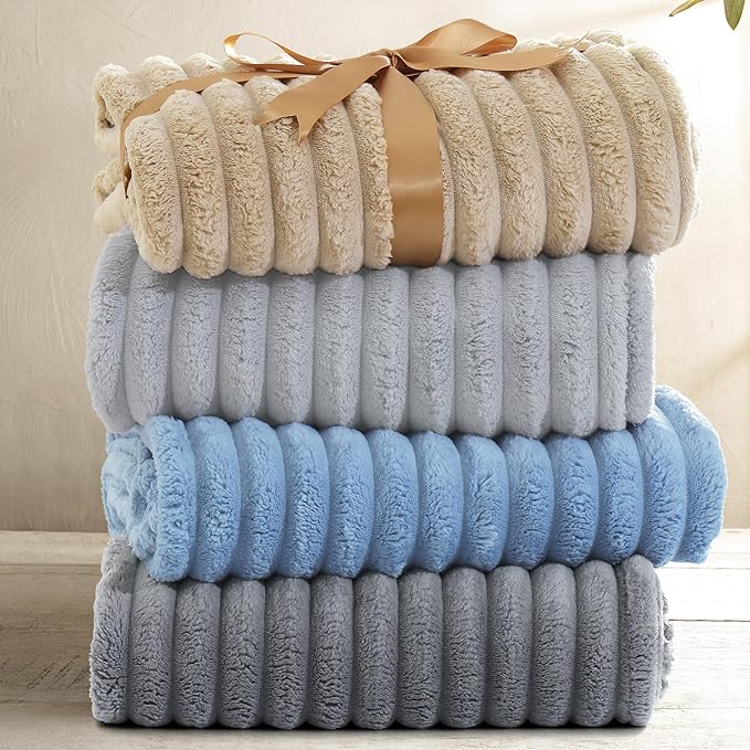 decorUhome Soft Fleece Grey Throw Blanket for Couch, Cozy Fluffy Plush Flannel Striped Blanket for Sofa Bed, Lightweight Decorative Ribbed Fuzzy Blanket for Woman, 50x60 Inches