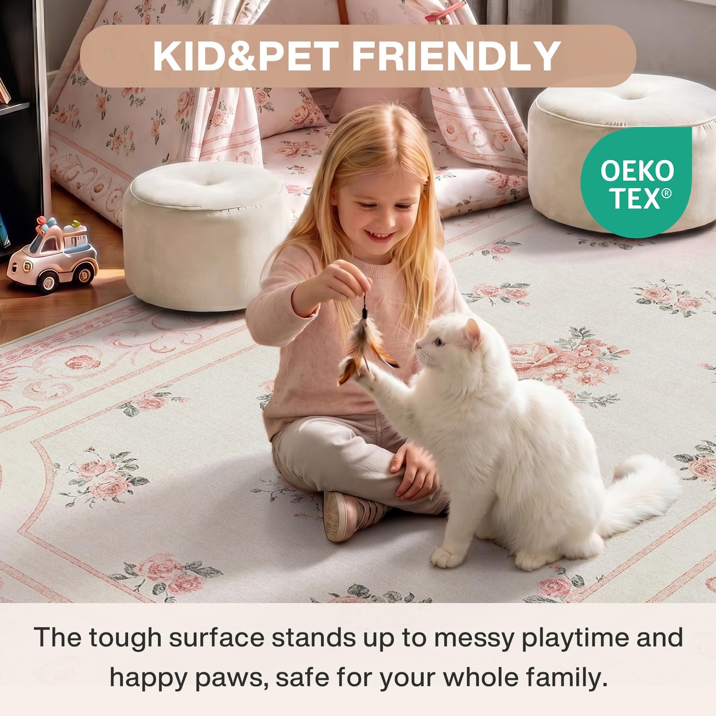 Tribesigns Boho Floral Pink 8 x 10 Area Rug for Girls Bedroom, Soft Washable Nursery Living Room Rugs, Border Large Non-Slip Low Pile French Carpet for Dorm Kids Dining Playroom, Beige/8x10