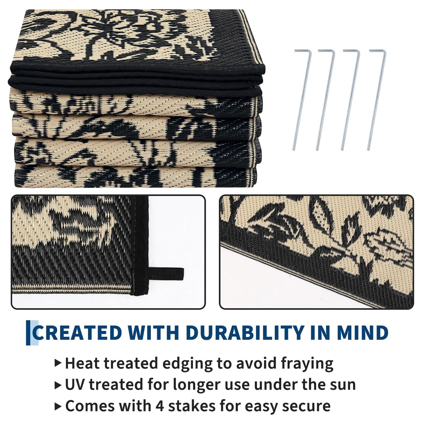 Garvee 5’x8’ Waterproof Patio Outdoor Rug, Outdoor Plastic Straw Rug for Camping, RV Mat Outside, Indoor Outdoor Carpet for Porch, Deck, Backyard, Balcony, Picnic, Black & Brown