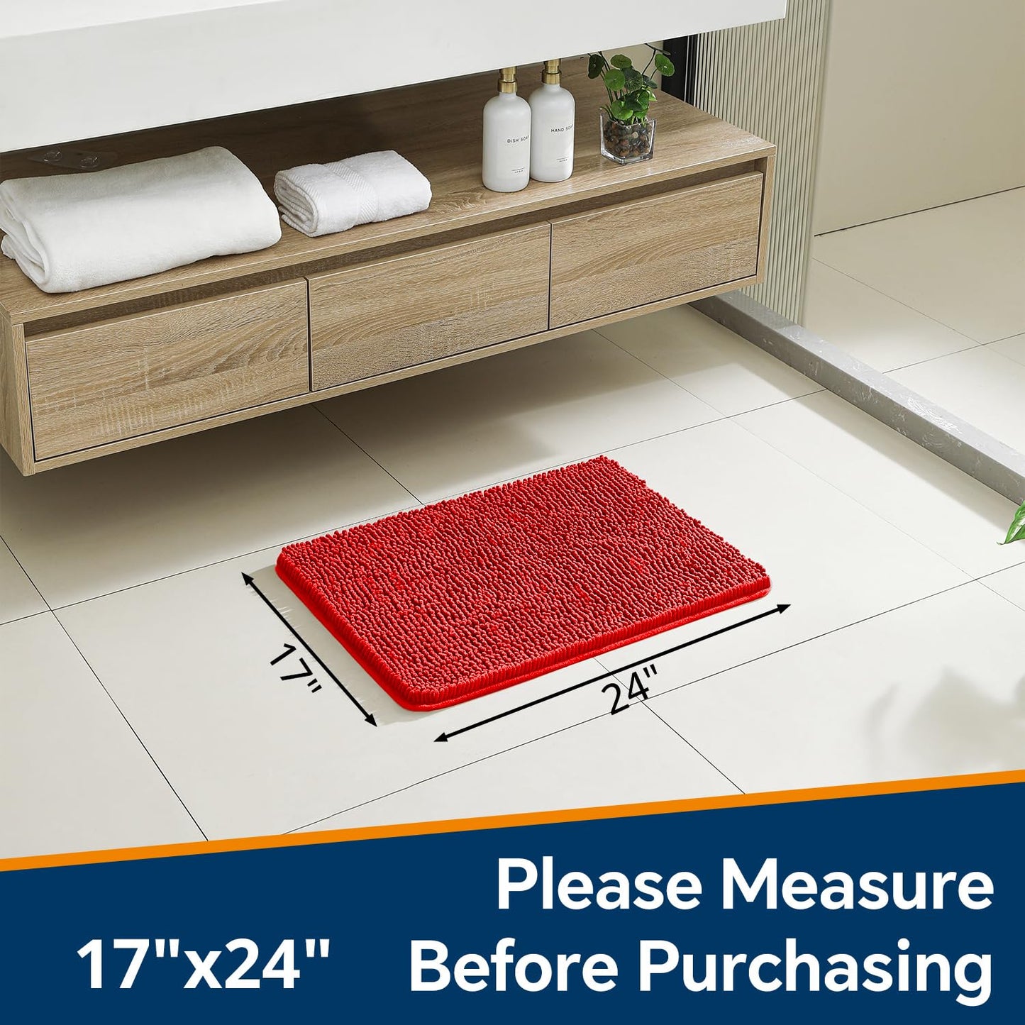Kildoss Red Bathroom Rugs 17"x24" - Plush Chenille Non-Slip Bath Mat - Absorbent, Washable, Soft and Thick Decor for Shower, Sink, Kitchen, Tub, Home Accessories