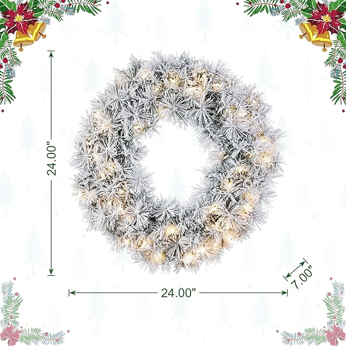 Glitzhome Pre-Lit Christmas Wreath with Lights for Front Door Wall Window Xmas Decor, Snow Flocked 24" D