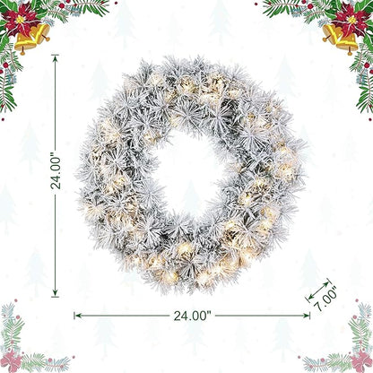 Glitzhome Pre-Lit Christmas Wreath with Lights for Front Door Wall Window Xmas Decor, Snow Flocked 24" D