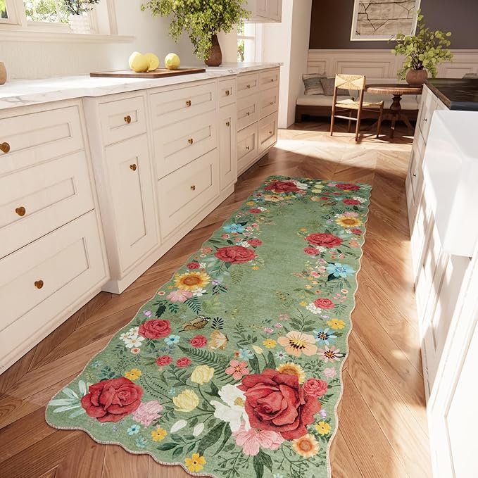 Kitchen Rug Runners for Hallways: 2'6''x8' Washable Runner Rugs for Kitchen Ultra Thin Stain Resistant Non Slip Low Pile Lightweight Vintage Floral Carpet for Laundry Room Decor (Green)