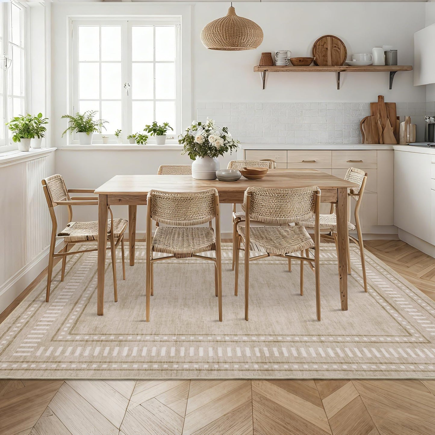 MilleLoom Bordered Area Rug 5x7 Washable Rugs for Living Room Non Slip Soft Rugs Indoor Geometric Floor Cover Non-Shedding Stain-Resistant Carpet for Bedroom Dining Room Office Nursery Dorm Beige
