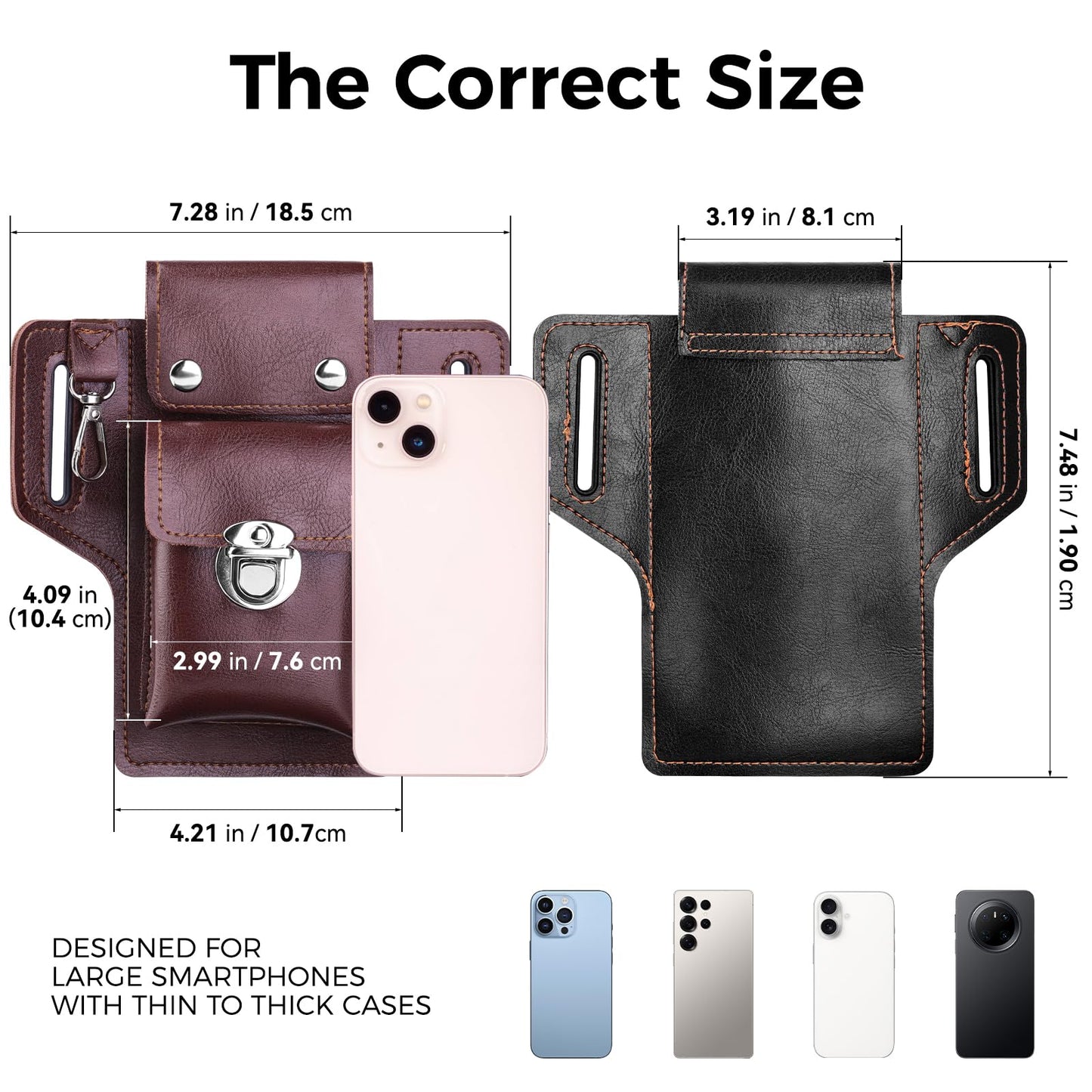 Leather Phone Holster for iPhone 17/16/15/14/13/12/their Pro & Pro Max, Belt Clip Cell Phone Case for Galaxy S25/S24/S23, Multitool Magnetic Closure Belt Pouch, Fits All Phones up to 7" (Ebony)