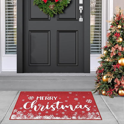 CAROMIO Christmas Doormat 20 x 32 Inch Xmas Holiday Decorative Christmas Snowflake Welcome Mat for Home Decoration Non Slip Door Mat Outdoor Indoor Entrance Floor Mat, Red