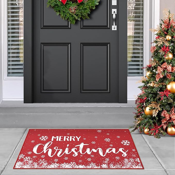 CAROMIO Christmas Doormat Holiday Door Mat Winter Christmas Snowflake Indoor/Outdoor Welcome Mat Floor Doormat for Home Decoration Christmas Rug Entryway Front Porch Decor, Red, 17x29 Inch