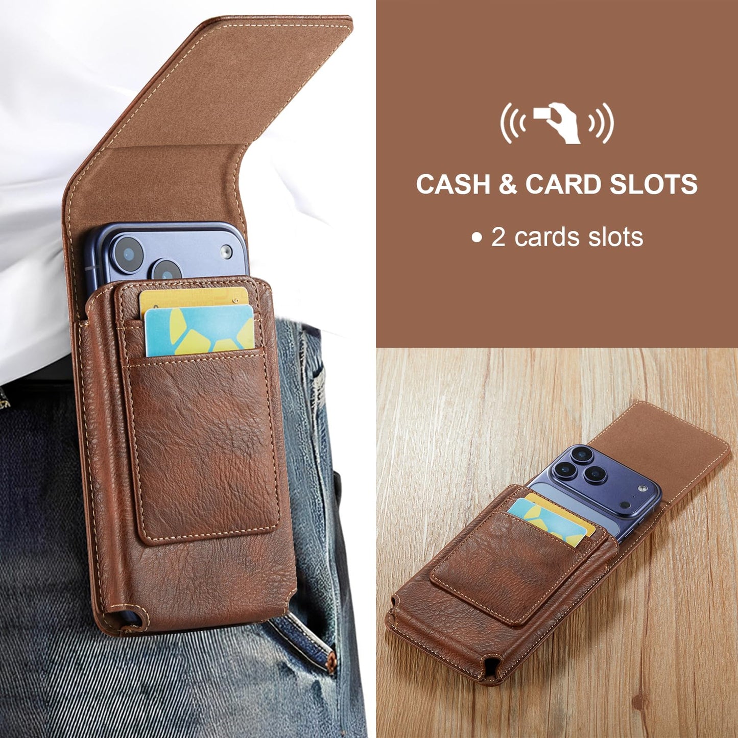 Phone Holster with Belt Clip for iPhone 17/16/15/14/13/12 Pro Max & Plus, Galaxy S26/S25/S24/S23 Ultra & Plus, Premium Leather Pouch with Card Holder, Magnetic Closure, Rugged Outdoor Case - L Brown