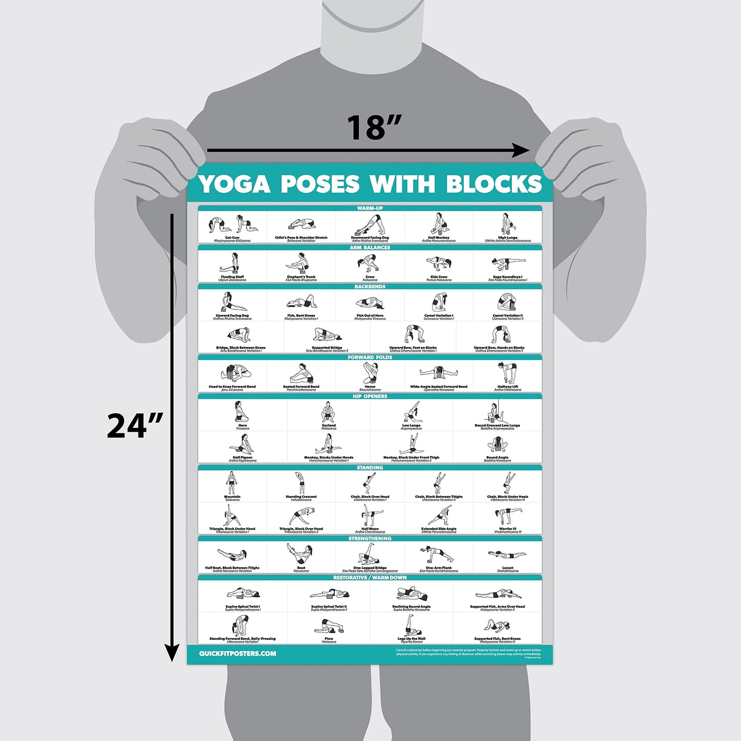 Palace Learning 4 Pack - Yoga Block Poses + Pilates Exercise + Yoga Poses Positions + Stretching Posters - Set of Four Fitness Charts (18" x 24", LAMINATED)