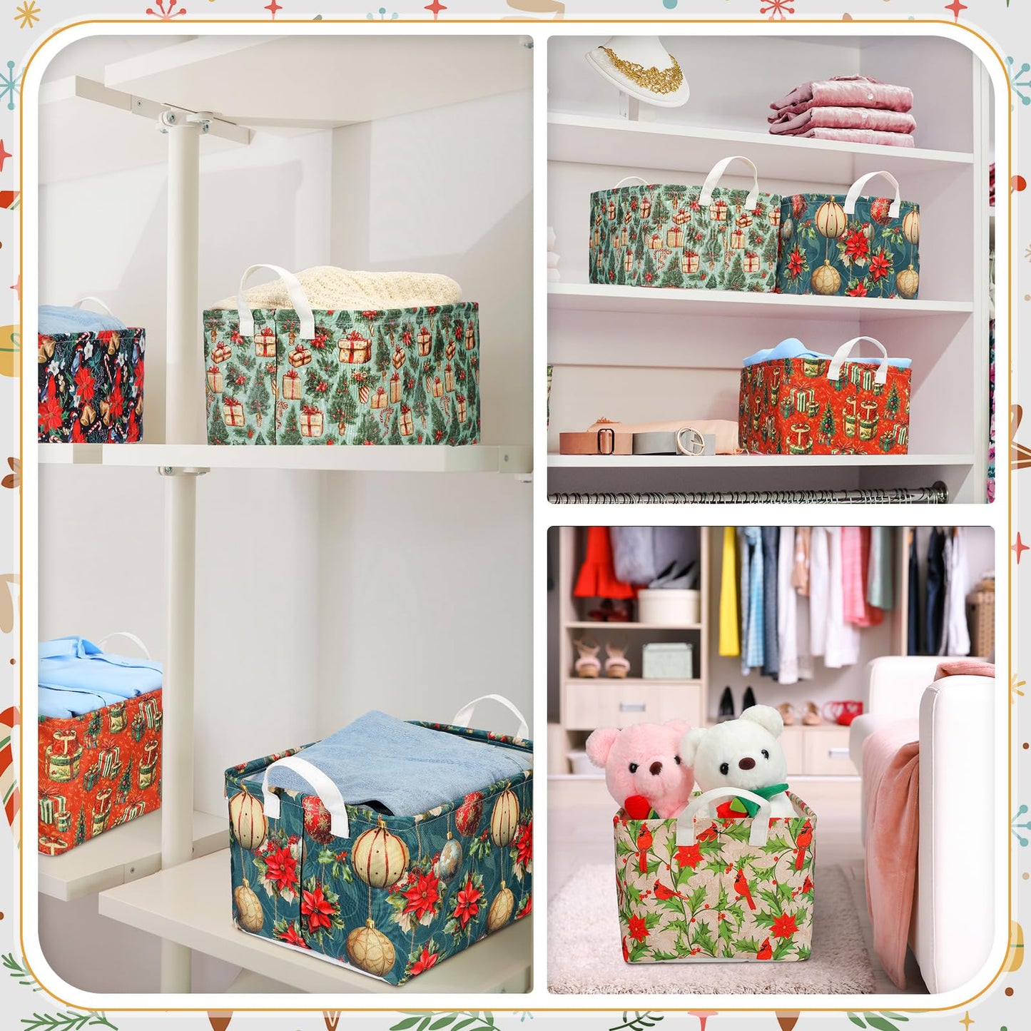 LemonRoad 6 Pcs Christmas Storage Baskets for Gifts Large Empty Collapsible Christmas Storage Bins Canvas Laundry Box with Handle Xmas Containers for Office Home Bedroom Clothes Holiday Decor