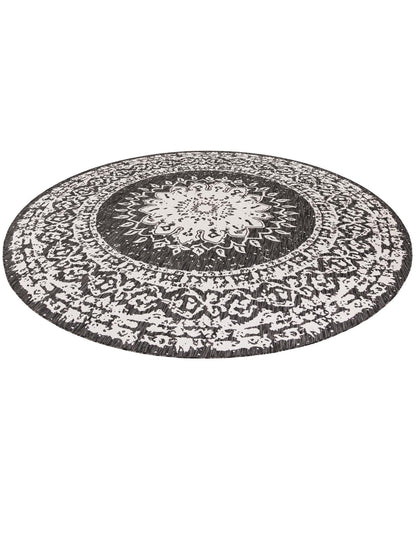 Rugs.com Outdoor Traditional Collection Rug – 10 Ft Round Black and White Flatweave-Pile Rug Perfect for Kitchens, Dining Rooms