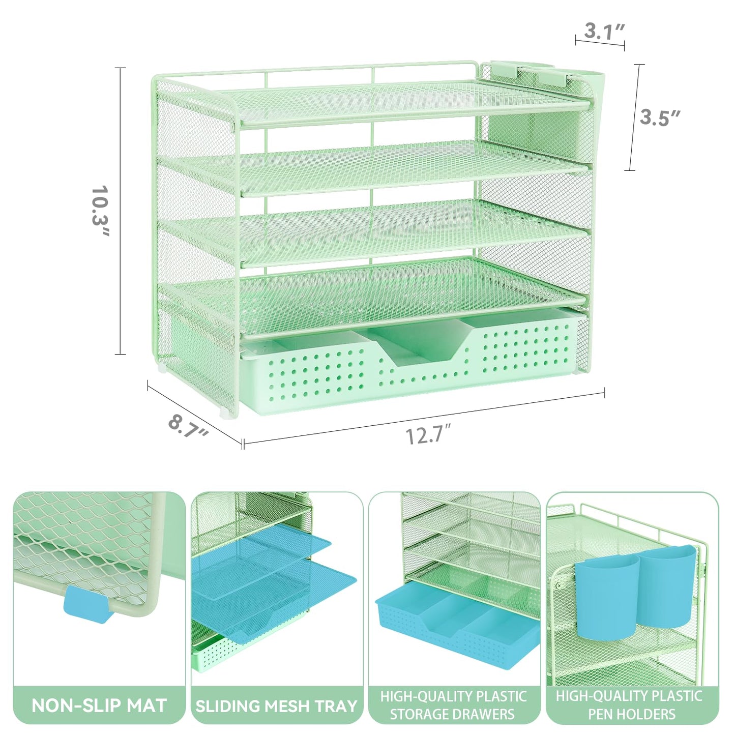 LEKETREE Desk Organizers and Accessories, 5-Tier Paper Letter Tray Organizer with Drawer & 2 Pen Holders, Desktop Organizer for Office Supplies (Green)