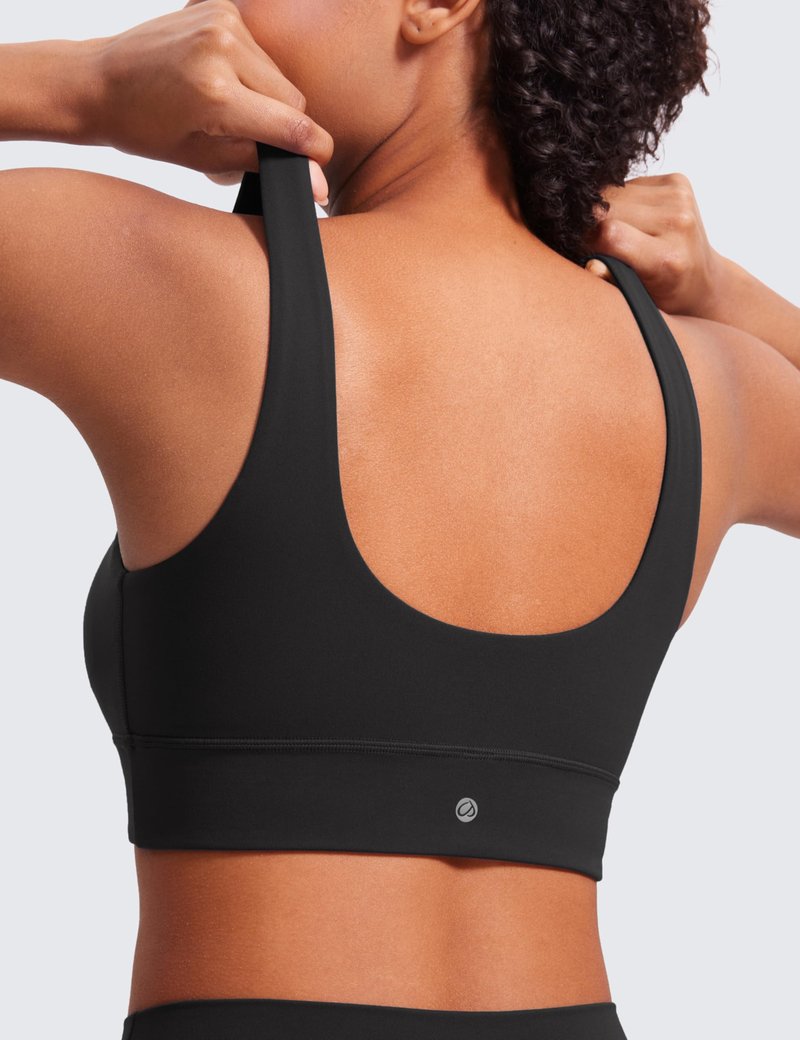 CRZ YOGA Butterluxe Womens U Back Sports Bra - Scoop Neck Padded Low Impact Yoga Clothes Workout Crop Top with Built in Pads Black X-Large