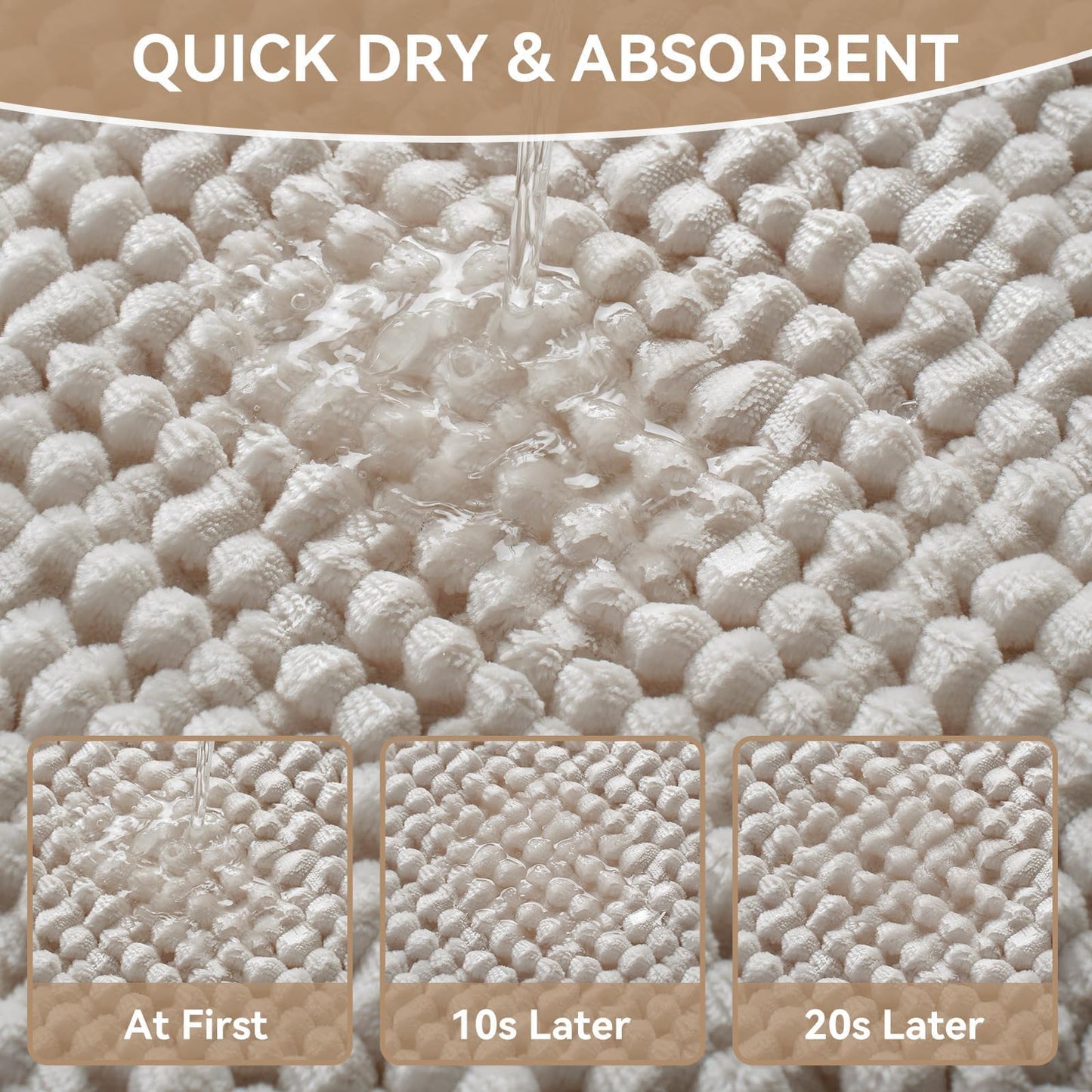 QiCaiJia 16x24 Extra Soft Chenille Bathroom Rugs - Non Slip Quick Dry Absorbent & Washable Bath Mat, Thin Low Profile Fit Under Door, Shower Mat for Outside Shower - Beige