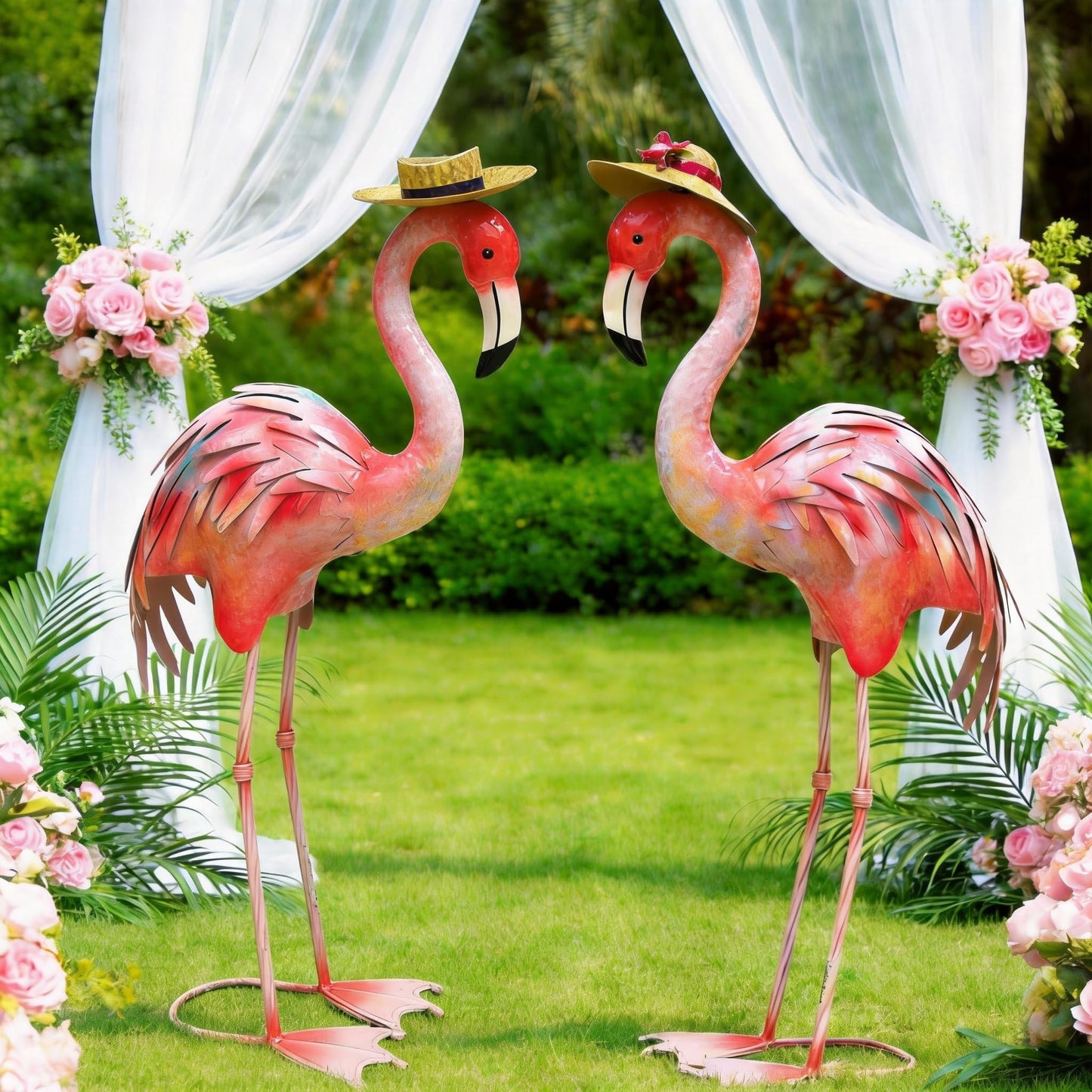 chisheen Flamingo Statues Pink Bird Art Garden Sculptures Outdoor Metal Yard Decor for Wedding Gifts Patio Lawn Porch Ornament Decoration