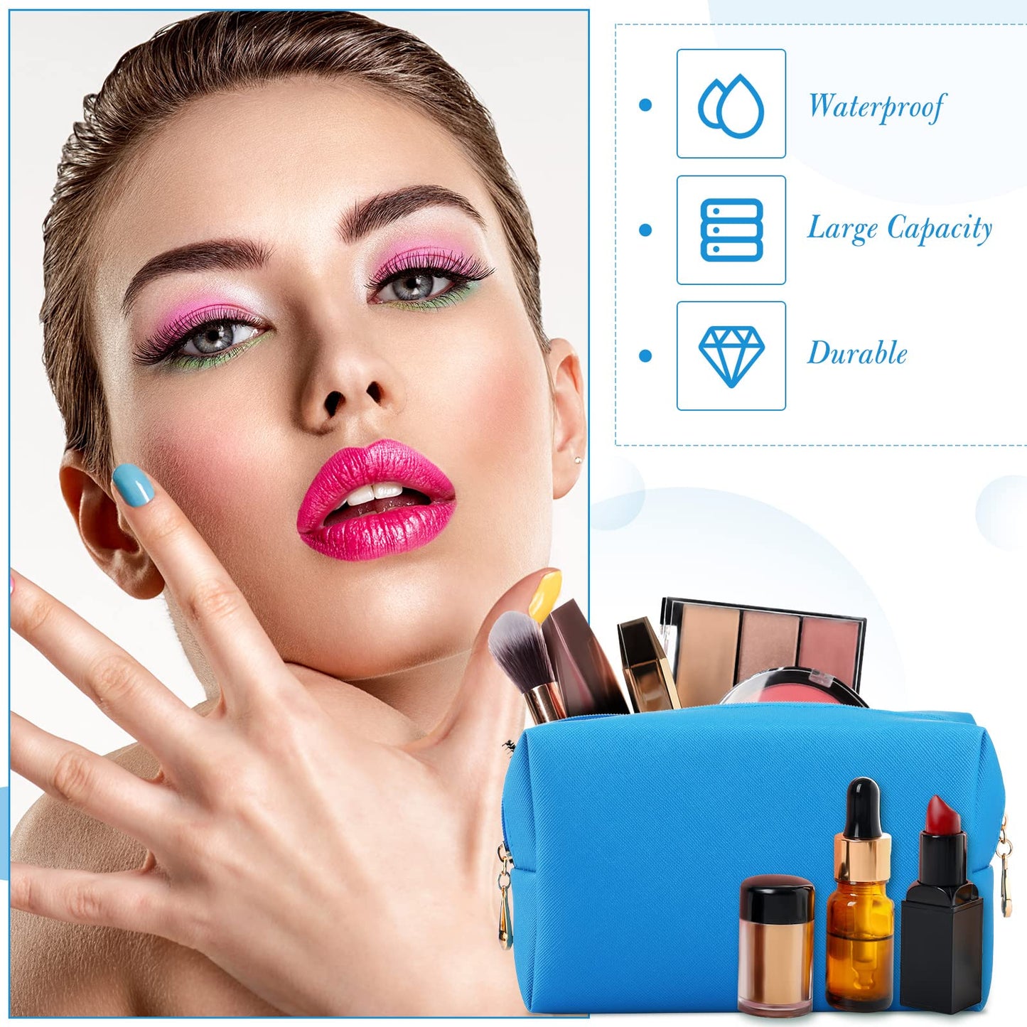 Sanwuta 9 Pcs Makeup Bags Bulk PU Double Zippers Cosmetic Bag Makeup Toiletry Small Pouch Portable Travel Organizers Case for Women Bridesmaid Proposal Gifts(Blue)