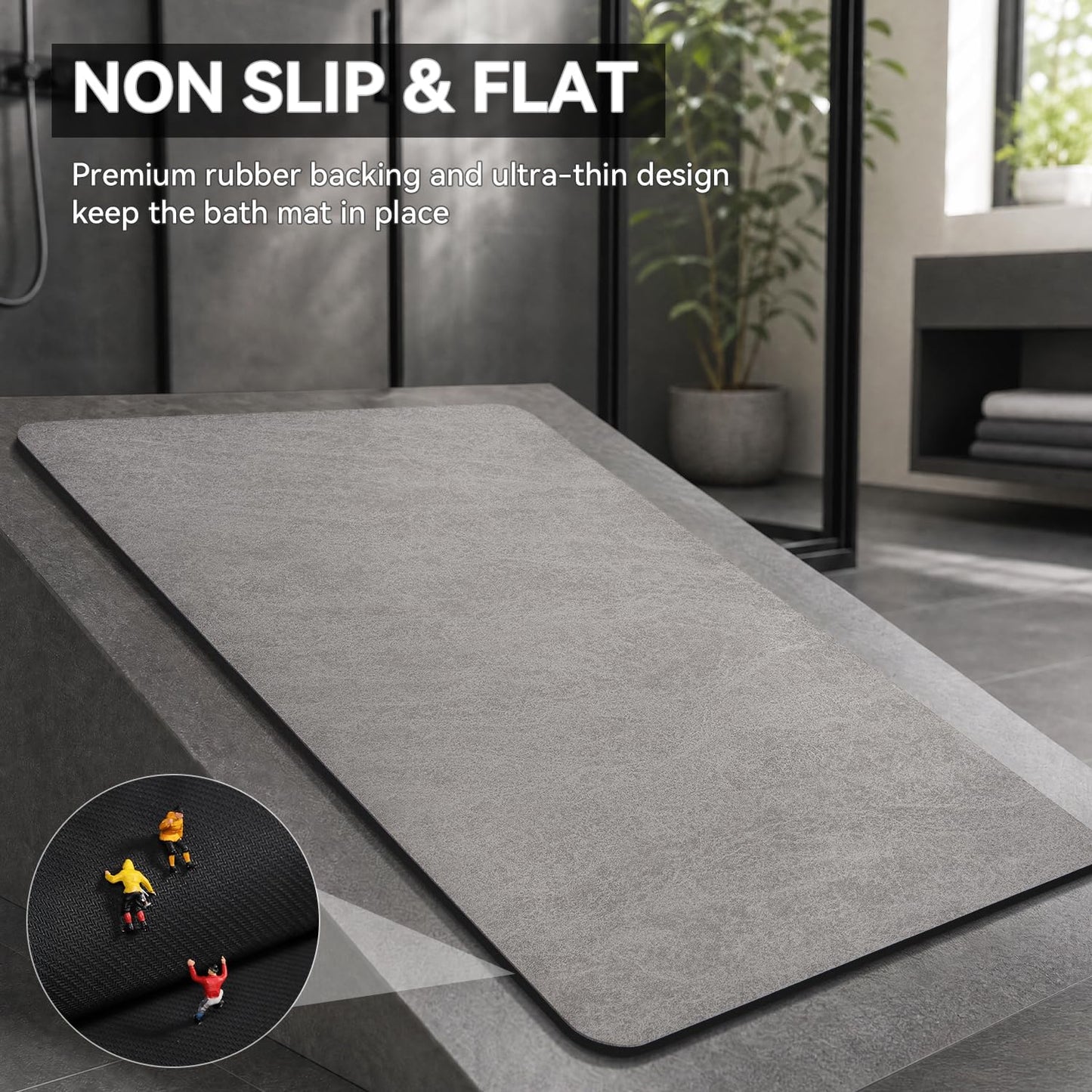 MontVoo -Bath Mat-Rubber Backing Non SlipThin Bathroom Rugs Fit Under Door- Quick Dry Absorbent Faux Suede Surface Grey Bathroom Floor Mats-Shower Rug for in Front of Bathtub Shower Gray 16x24