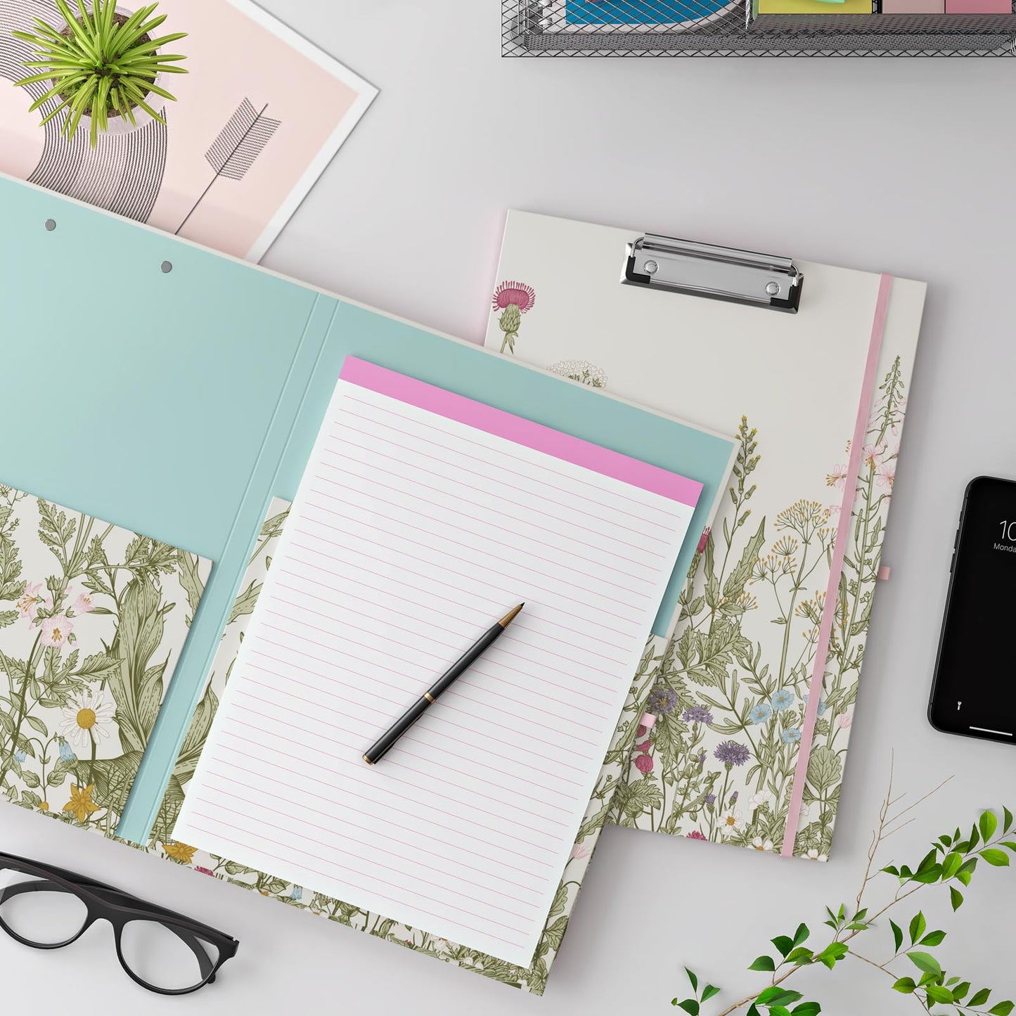 Clipboard Folio with Refillable Lined Notepad, Low Profile Clip and Interior Storage Pocket, Cute Clipboard Folder Design for Students, Office, School, Nurse, A4 Foldable Clipfolio(Garden Flowers)