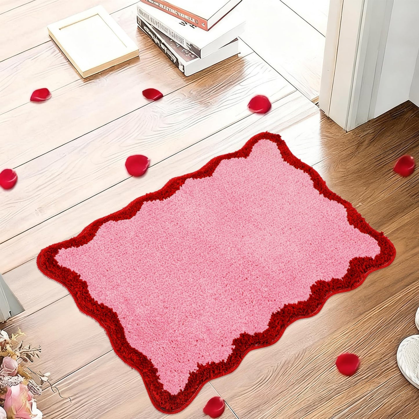 Whaline Pink Rug Mat Bathmat Red Scalloped 26.6 x 16.5 Inch Absorbent Bathroom Rug for Valentine's Day Wedding Anniversary Holiday Kitchen Living Room Decoration