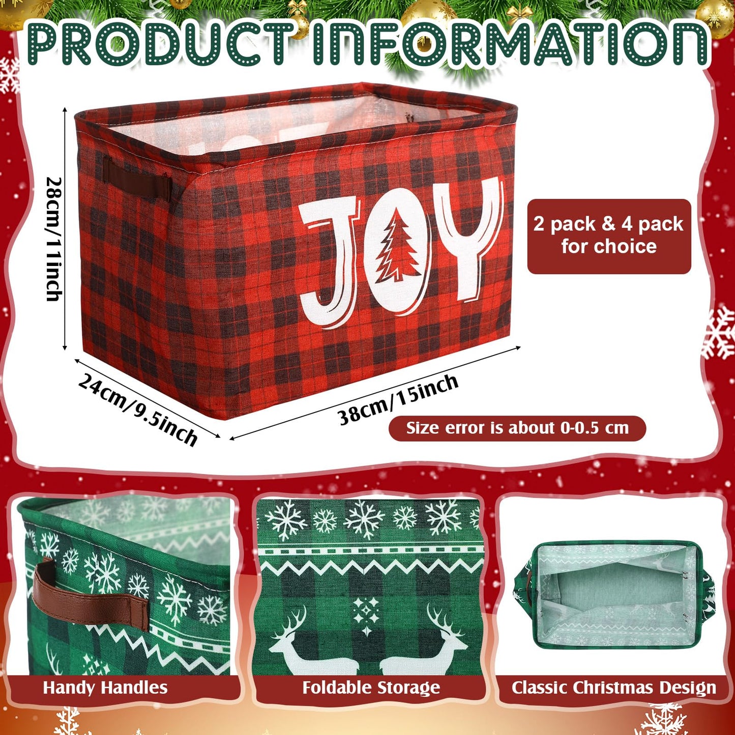 Capoda 4 Pack Christmas Storage Bin Large Collapsible Christmas Storage Baskets with Handles Canvas Green Red Plaid Organizer for Xmas Holiday Office Home Clothes Gifts Book Organization (4, Plaid)